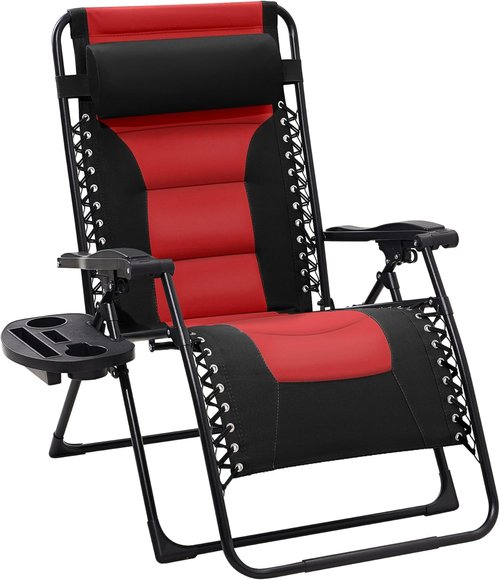 JEAREY Oversized Padded Zero Gravity Chair - Comfortable Folding Lounge Chair with Headrest & Cup Holder | Black/Red
