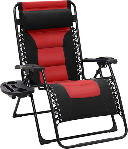 JEAREY Oversized Padded Zero Gravity Chair - Comfortable Folding Lounge Chair with Headrest & Cup Holder | Black/Red
