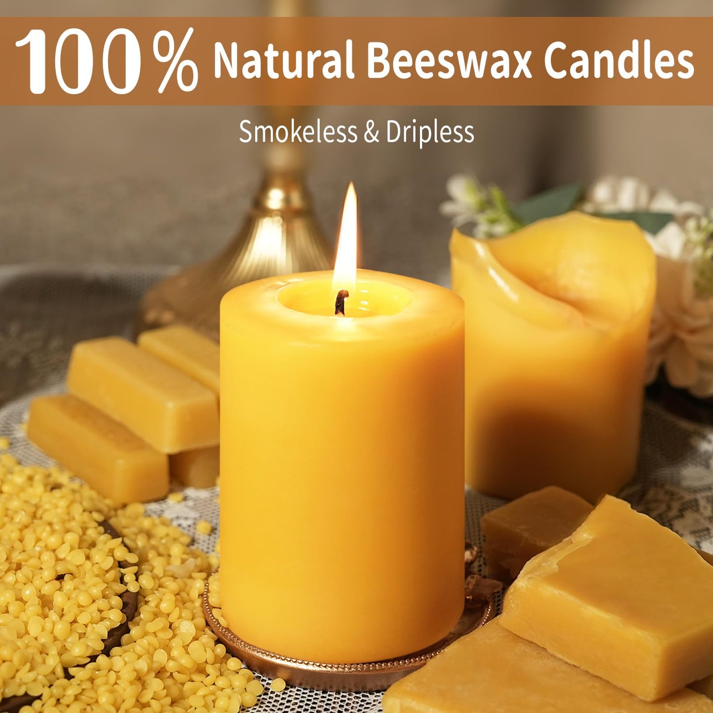 Natural Beeswax Pillar Candle, 120 Hours Long Burning Emergency Candles Unscented Pure Beeswax Pillar Candles 3x4in Dripless Bees Wax Candles for Home Paryer Parties, 2 Packs
