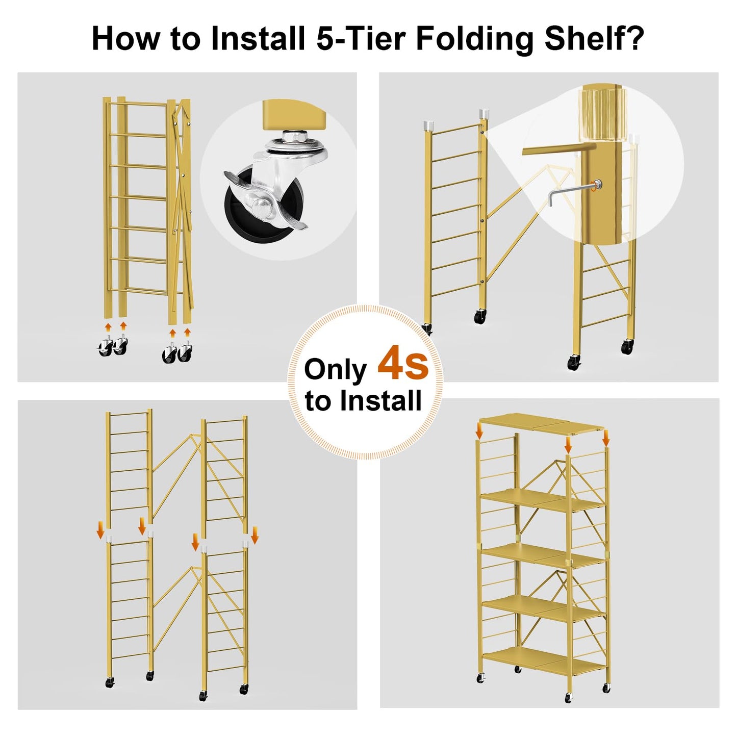 5 Tier Foldable Storage Shelves, Expandable Folding Shelving Units with Wheels, Changeable into 2 Shelf Units, Collapsible Adjustable Storage Rack Metal Shelves for Storage, Pantry, Garage, Gold