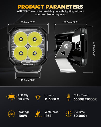 Auxbeam 3 Inch LED Pod Lights, Color Play Series Offroad Driving Light with White DRL & Amber Turn Signal, 11600LM 100W Fog Spot Light, Auxiliary Ditch Lights for Truck Jeep ATV UTV with Covers