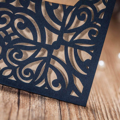 WISHMADE Jofanza 5.9x5.9 Inch 50PCS Navy Blue Laser Cut Wedding Invitation Cards with Bowknot and Envelopes Kraft Paper Blank invitation for Wedding Engagement Party Invite
