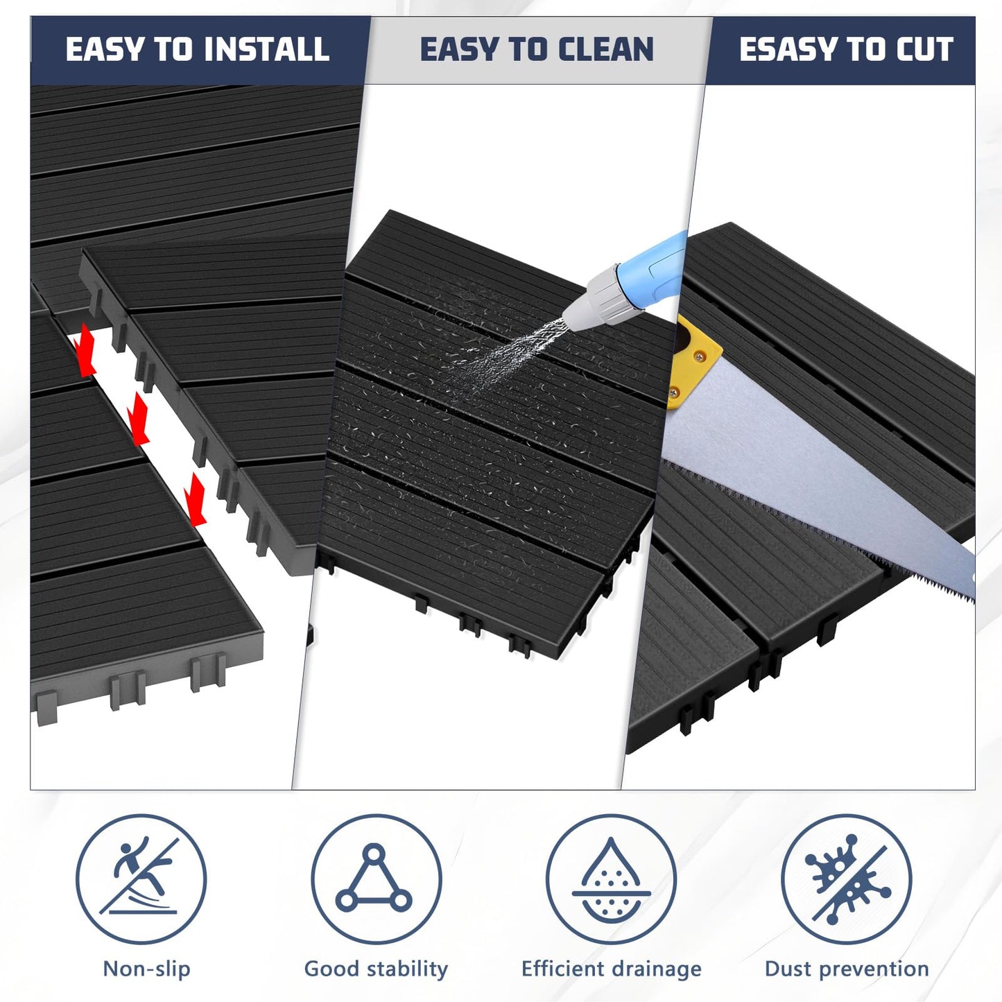 60 Pack Plastic Interlocking Deck Tiles, 60 sq. ft Patio Deck Tile, 12"x12" Indoor Outdoor Non-Slip and Waterproof Patio Floor Decking Tiles for Garden Yard Walkway Balcony Porch Poolside, Dark Gray