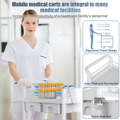 Mobile Medical Carts 3 Tier Professional Utility Cart 330 LBS Max Load Rolling Crash Cart Ultrasound Trolley with Wheels Drawers Dirt Bucket Sharps Box Storage Basket for Hospital Dental Clinic Home
