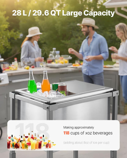 VEVOR Rolling Ice Chest Cooler Cart, 20" L x 14" W x 38" H Stainless Steel Cooling Bin on Wheels, 29.6 Quart Outdoor Stand Up Cooler Trolley with Shelf, for Patio Backyard Party Bar Cold Drinks