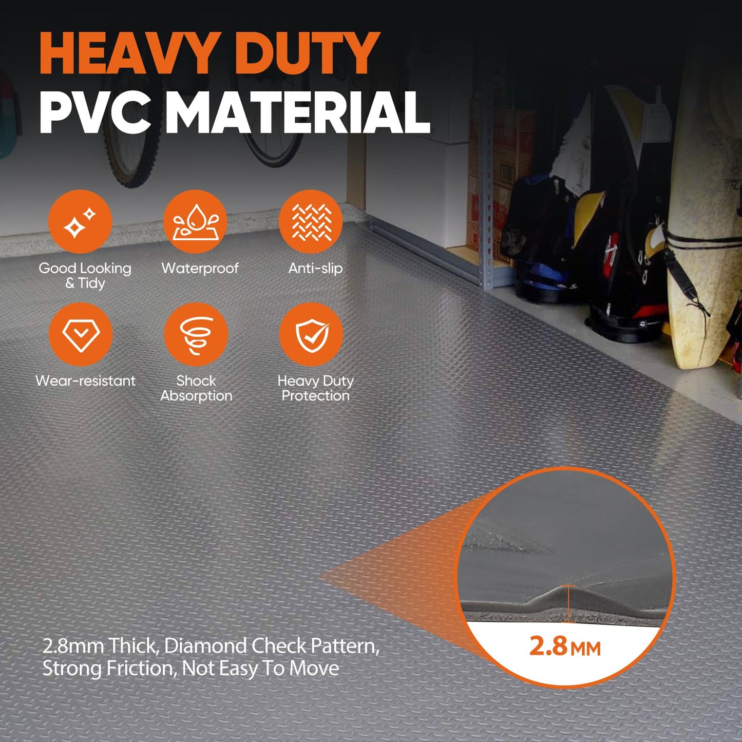 FAHKNS 8.1x21 FT Garage Floor Mat, Diamond Plate PVC Flooring Roll 2.8mm Thickened Garage Mats for Under Car, 170 SQFT Heavy Duty Non-Slip Rubber Floor Parking Mat for Trailer SUV Basement Gym (Grey)