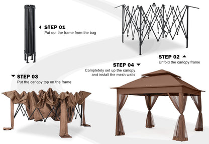 COOSHADE 11x11 Pop Up Gazebo Tent Outdoor Canopy Patio Shelter with Mosquito Netting(Brown)