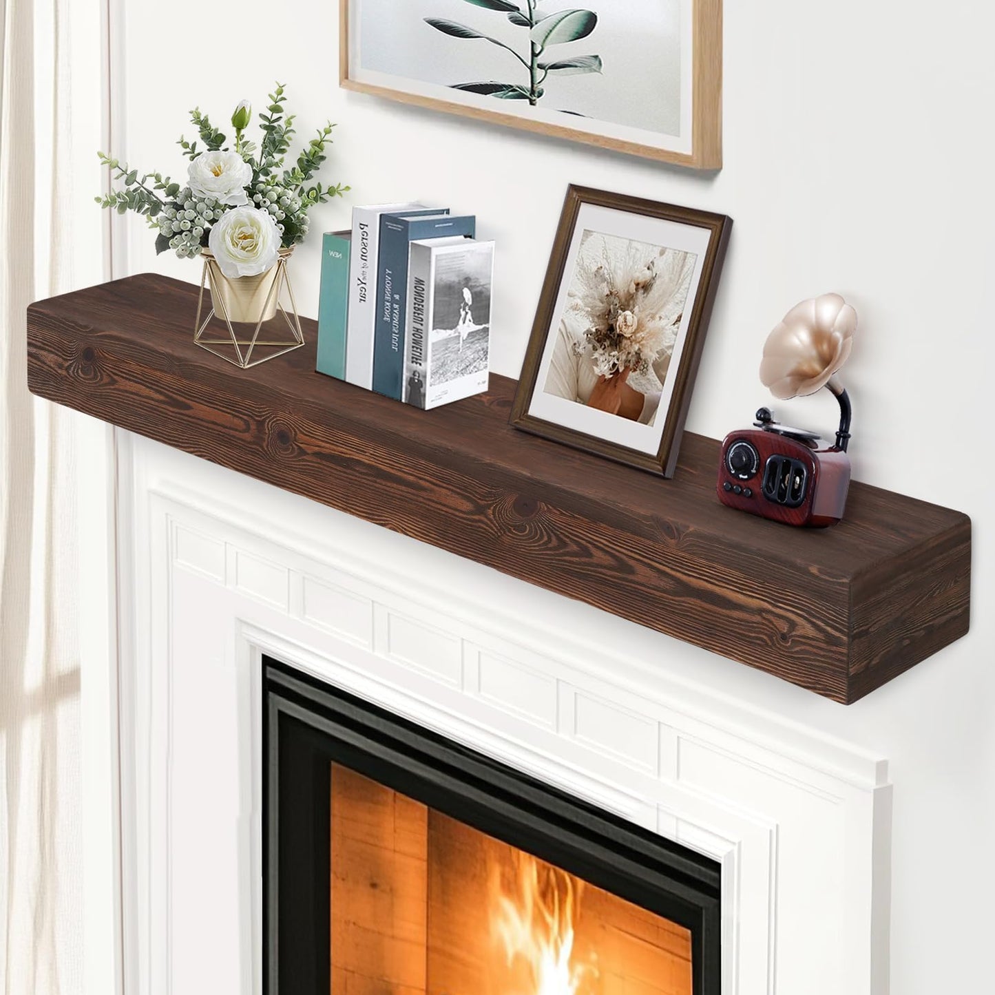 G GOOD GAIN Fireplace Mantel 54inch - Handmade Rustic Wood Mantel for Over Fireplace | Wall Mounted Floating Mantle Shelves for Living Room Decor(Chocolate, 54Lx5Hx8D)