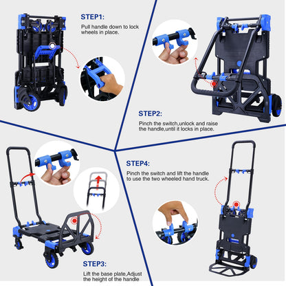2 in 1 Hand Truck Dolly Foldable with Basket,Hand Truck Foldable with Retractable Handle,330LBS Capacity Folding Hand Cart,Portable Dolly Cart with Wheels for Moving