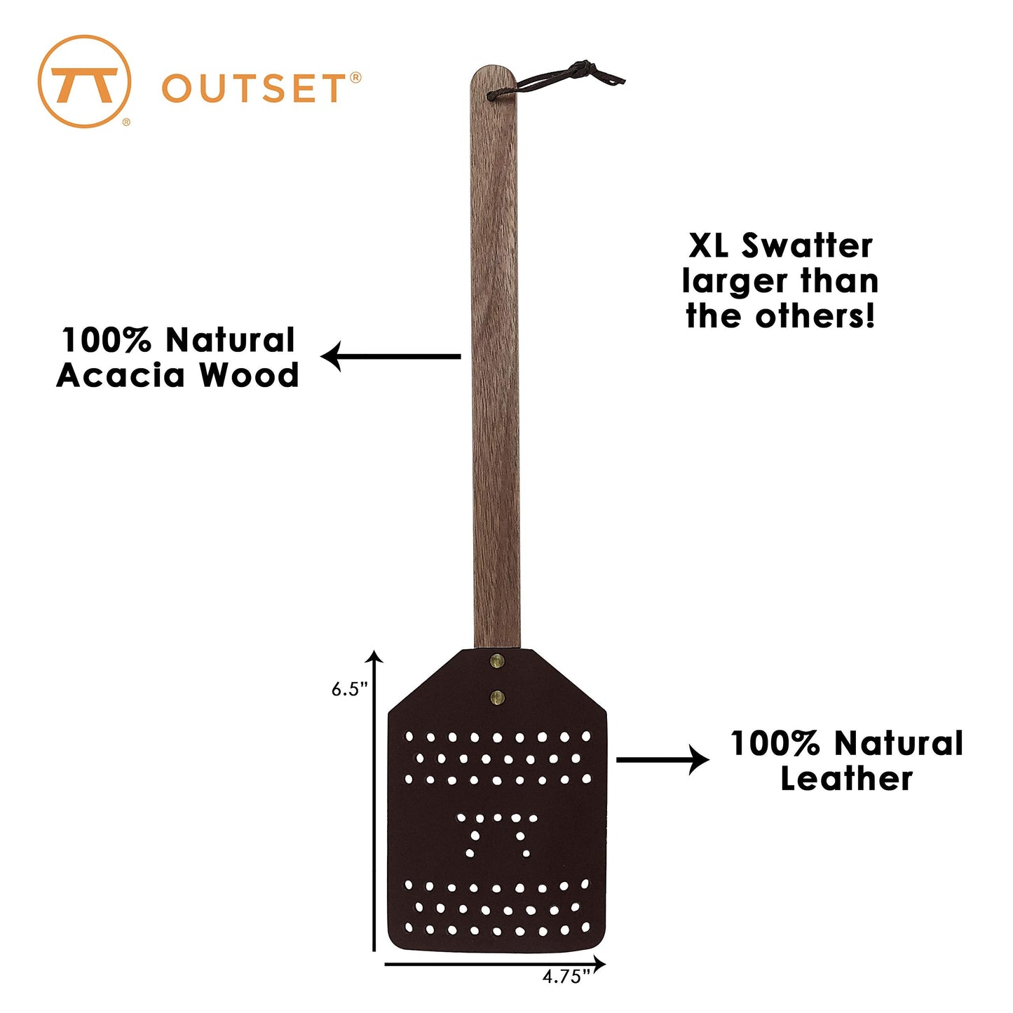 Outset Acacia Wood and Leather Heavy Duty, Extra Large Fly Swatter, Brown (Pack of 3)