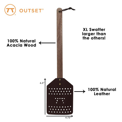 Outset Acacia Wood and Leather Heavy Duty, Extra Large Fly Swatter, Brown (Pack of 3)