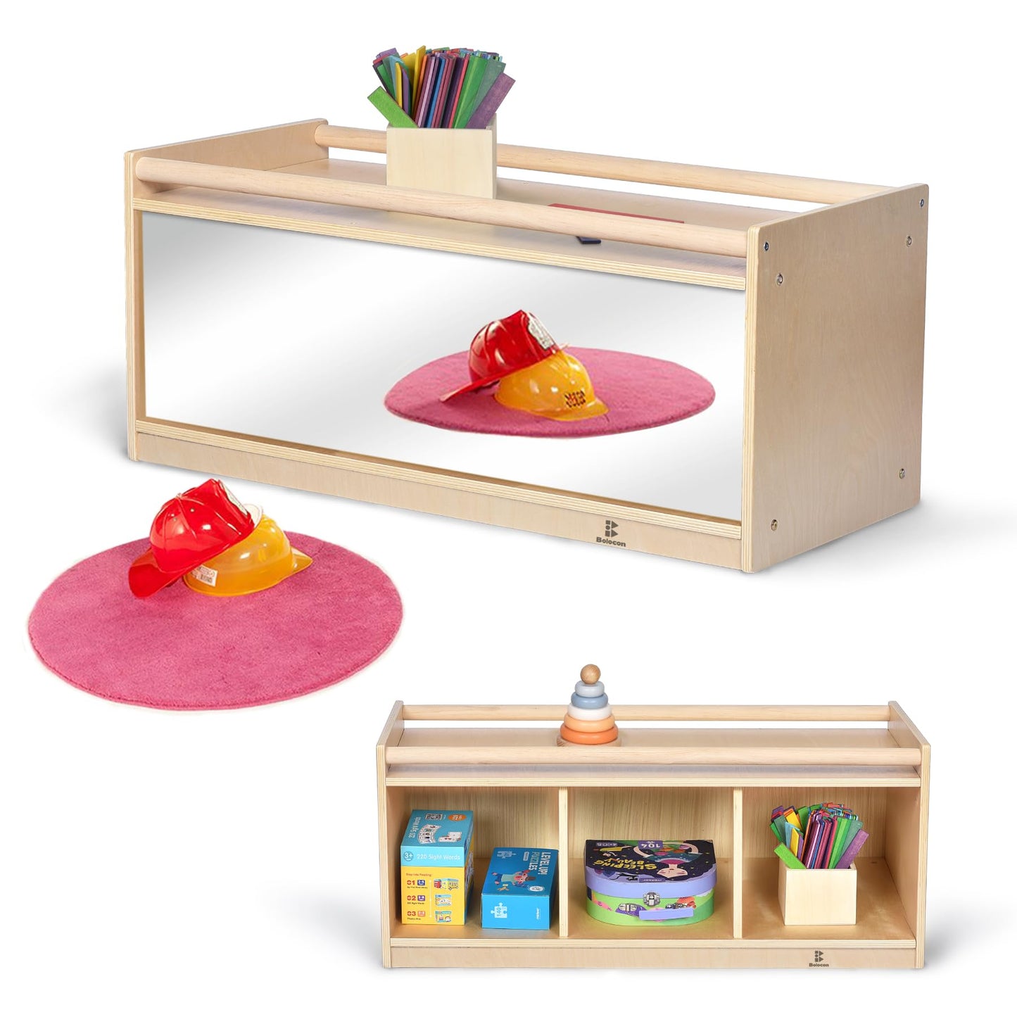 Toddler Toy Storage w/ Mirror Back, Baby Preschool and Daycare Cubbies w/ 2 Top Holding Handrail, Little Kids Tummy Time Furniture, Home, Classroom, Montessori Book Browser (1 Tier w/ Mirror Back)