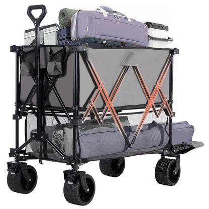 DUMOS 440LBS Heavy Duty Double Decker Wagon Cart with Extender, 400L Large Capacity Collapsible Folding Wagons with Brakes, Adjust Handle, All-Terrain Big Wheels for Garden Shopping Camping - Grey