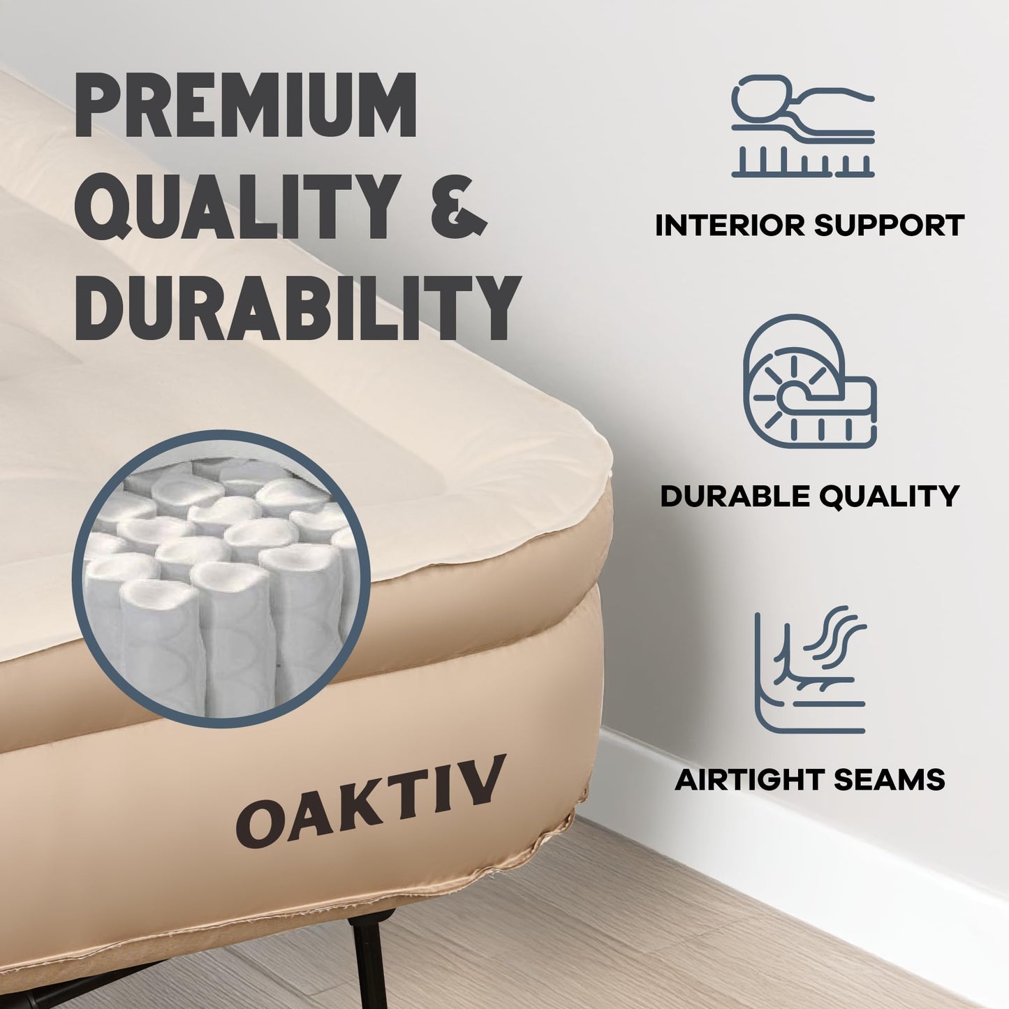 Oaktiv Twin Air Mattress with Frame, Self Inflating/Deflating Bed for Adults - PeakRest Blow Up Bed, Camping Cot with Mattress - Portable with Travel Rolling Case on Wheels