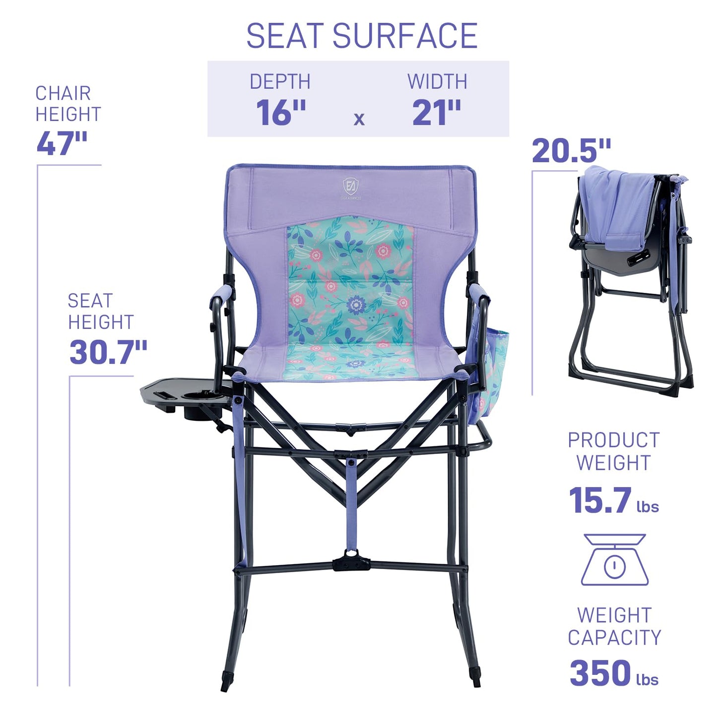 EVER ADVANCED Portable 30.7" Seat Height Tall Folding Camping Chair Directors Chair High Foldable Bar Stool with Side Table for Makeup Artist, Sports Event, Craft Show, Supports 350LBS
