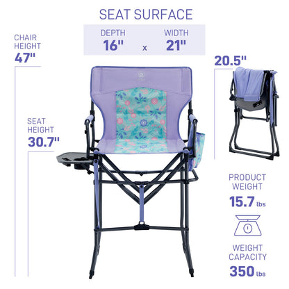 EVER ADVANCED Portable 30.7" Seat Height Tall Folding Camping Chair Directors Chair High Foldable Bar Stool with Side Table for Makeup Artist, Sports Event, Craft Show, Supports 350LBS