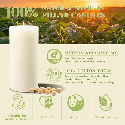 4 Pack Soy White Pillar Candles,Natural Soybean Hand-Poured Pillar Candles-344 H Long Lasting Burning,Non Toxic,Smokeless Unscented Soy Candles Dinner Table for Wedding Church,Emergency-2.8x6in