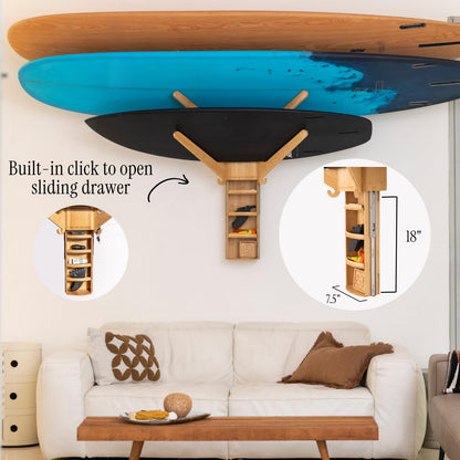 LISS The Sun Rack - Premium Wood Surfboard Wall Mount Rack Display, Ski, Snowboard Holder for 3 Boards for Garage & Home Storage with Built-In Drawer & Hooks for Longboards Shortboards, Wakeboards
