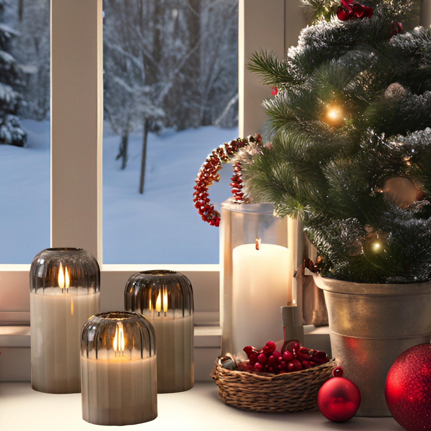Ribbed Glass Battery Candles - FLameless Candles with Remote, Sage Green LED Candles with Timer, Warm Light, Lasting 350 Hrs and Brightness Adjustment, Φ 3" H 4" 5" 6", Set of 3 for Christmas Decor