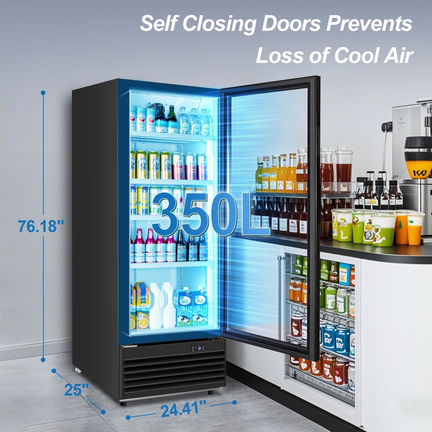 Tylza Commercial Refrigerator with Glass Door Display Beverage Fridge, 350L Upright Beverage Cooler Merchandiser with Rebound Door, Fast Cooling, Low Noise, Black