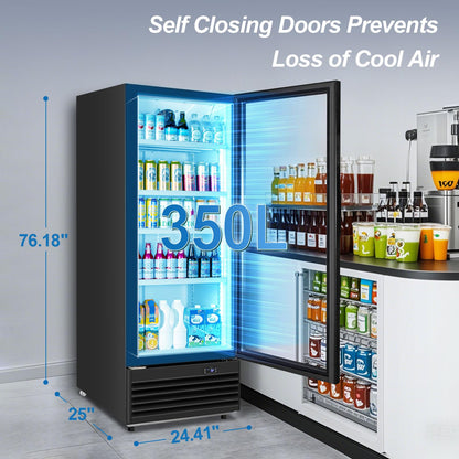 Tylza Commercial Refrigerator with Glass Door Display Beverage Fridge, 350L Upright Beverage Cooler Merchandiser with Rebound Door, Fast Cooling, Low Noise, Black