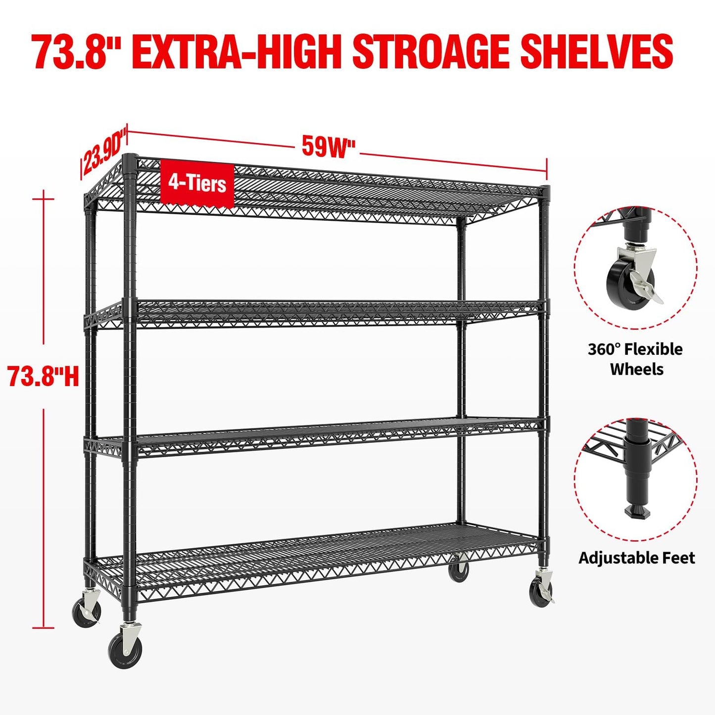 ExploreHorizon 4-Tier Metal Storage Shelving Unit, 2640 Lbs Load Capacity Heavy-Duty Shelf Organizer, Adjustable Wire Rack Shelves for Garage, Pantry & Kitchen, 73.8" h x 59" w x 23.9" d