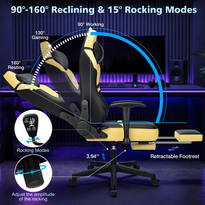 HOFFREE Gaming Chair with Footrest 160° Reclining Computer Chair with 15° Rocking Function Ergonomic Game Chairs for Adults 400lbs Home Office Compueter Desk Chair with 2D Armrests Yellow and Black
