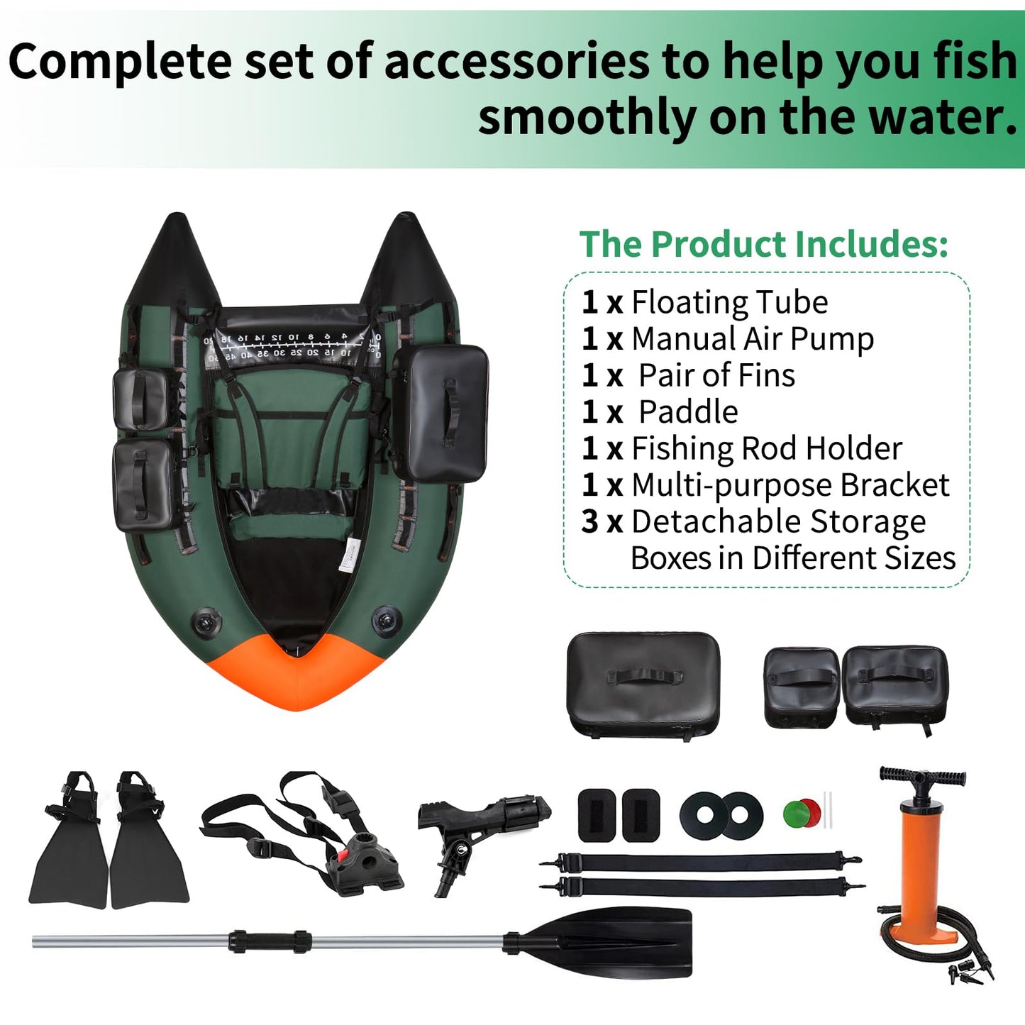 UNITACKLE Inflatable Fishing Float Tube, Belly Boat Fishing with Detachable Side Bags, Hand Pump, Fish Ruler, Paddle, Fins, Rod Holder and Mount, Inflatable Float Tube for 330lb Load Capacity