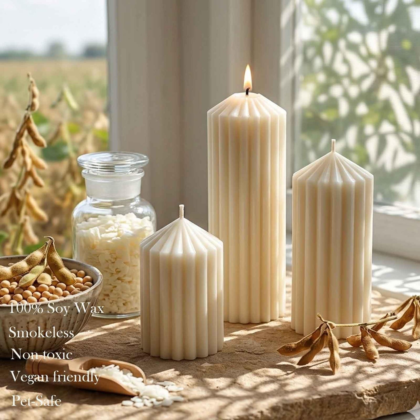 3 Pack Cream White Ribbed Pillar Candles-Natural Soy Wax Unscented,Non-Toxic,Smokeless Large Candle-2.8" x4,6,8 Inch Aesthetic Modern Candles for Home Decor,Dinner Table,Living Room,Housewarming Gift