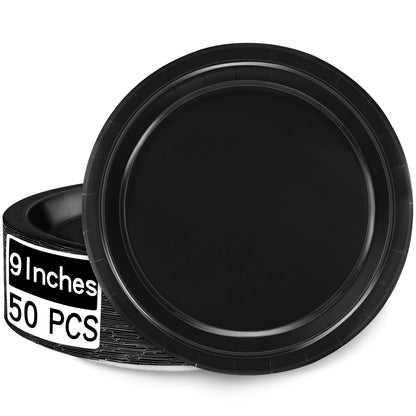 50 Pieces of Paper Plates, Round Black Party Plates Pack, Disposable 9 Inches Paper Dinner Plates, Everyday Use Plates for Daily Meals Picnic Camping Birthday Christmas Thanksgiving Supplies
