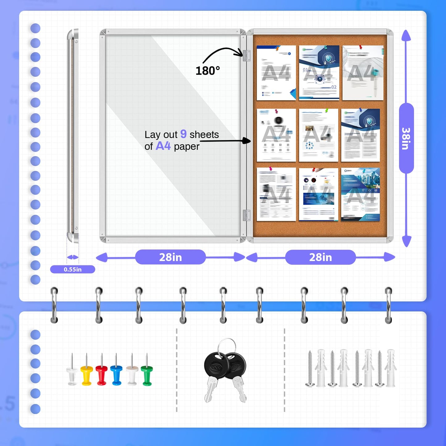 Magula 38"x28" Enclosed Bulletin Board Tamper-Proof Dispaly Case, Aluminium Frame, Shatter Resistant Lockable Bulletin Board, Enclosed Cork Board for School, Office, Commercial, Hospital etc