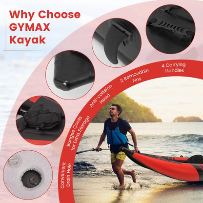 GYMAX Inflatable Kayak, 12.5Ft 507lbs Tandem Kayak with 2 Aluminum Paddles, 2 Padded Seats, Footrests, 2 Fins, Hand Pump, Carry Bag & Repair Kit, 2 Person Fishing Touring Kayak for Adults Youth (Red)