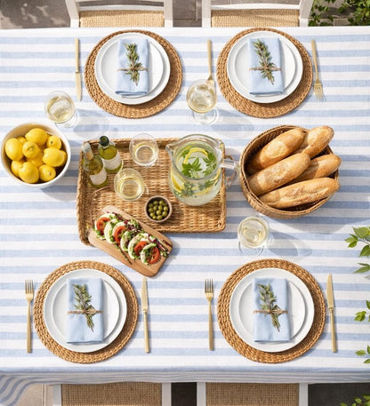Lillian Made in Italy Airlaid Disposable Tablecloth, 12 Pack, 54" x 102", White with Blue Stripes, Premium Cloth-Like Linen-Feel Rectangular Table Cover for Weddings, Parties & Elegant Events