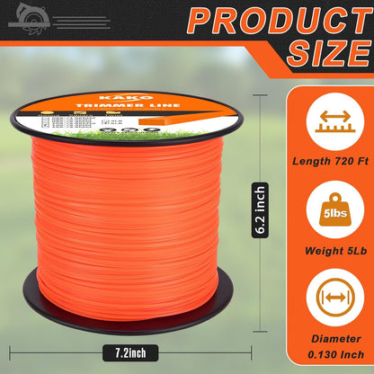 KAKO 130 Trimmer Line - Durable .130 Inch Square Weed Eater String | 720 Ft | Commercial Nylon