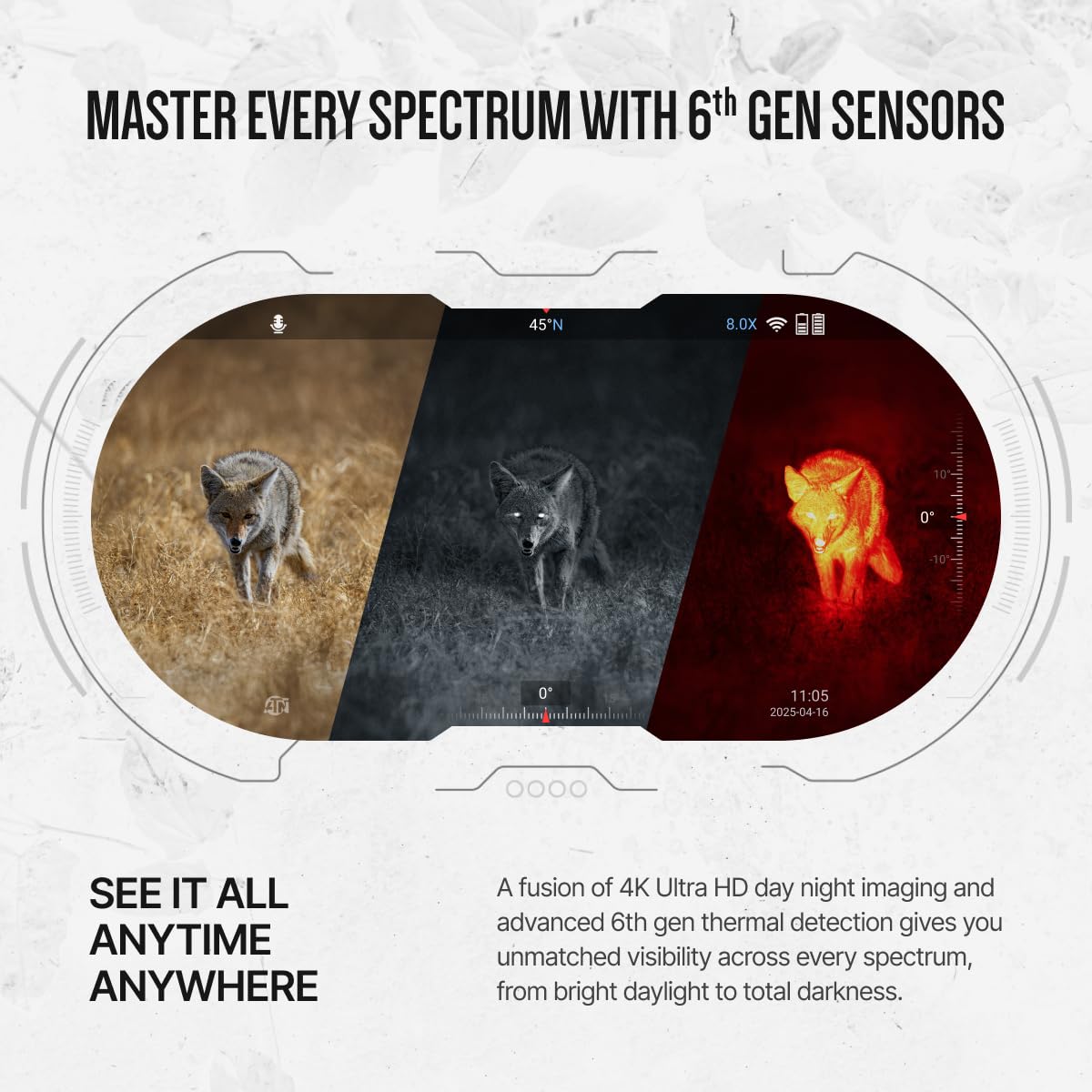 ATN Binox 6 Dual Multispectral Binoculars w/Thermal + 4K Day/Night/Twilight, 1,000 m Laser Rangefinder, Wi-Fi, 64GB, IP67 (384×288, 5.5-44×)