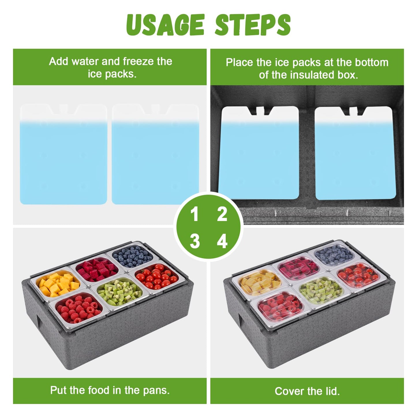 Tragaomx Insulated Cold Food Buffet Ice Serving Trays 6 Lids 6 Pans 2 Ice Packs Insulation Box Cooled Condiment Serving Container Ice Platter Food Cooler for Parties Buffets Fruit Market