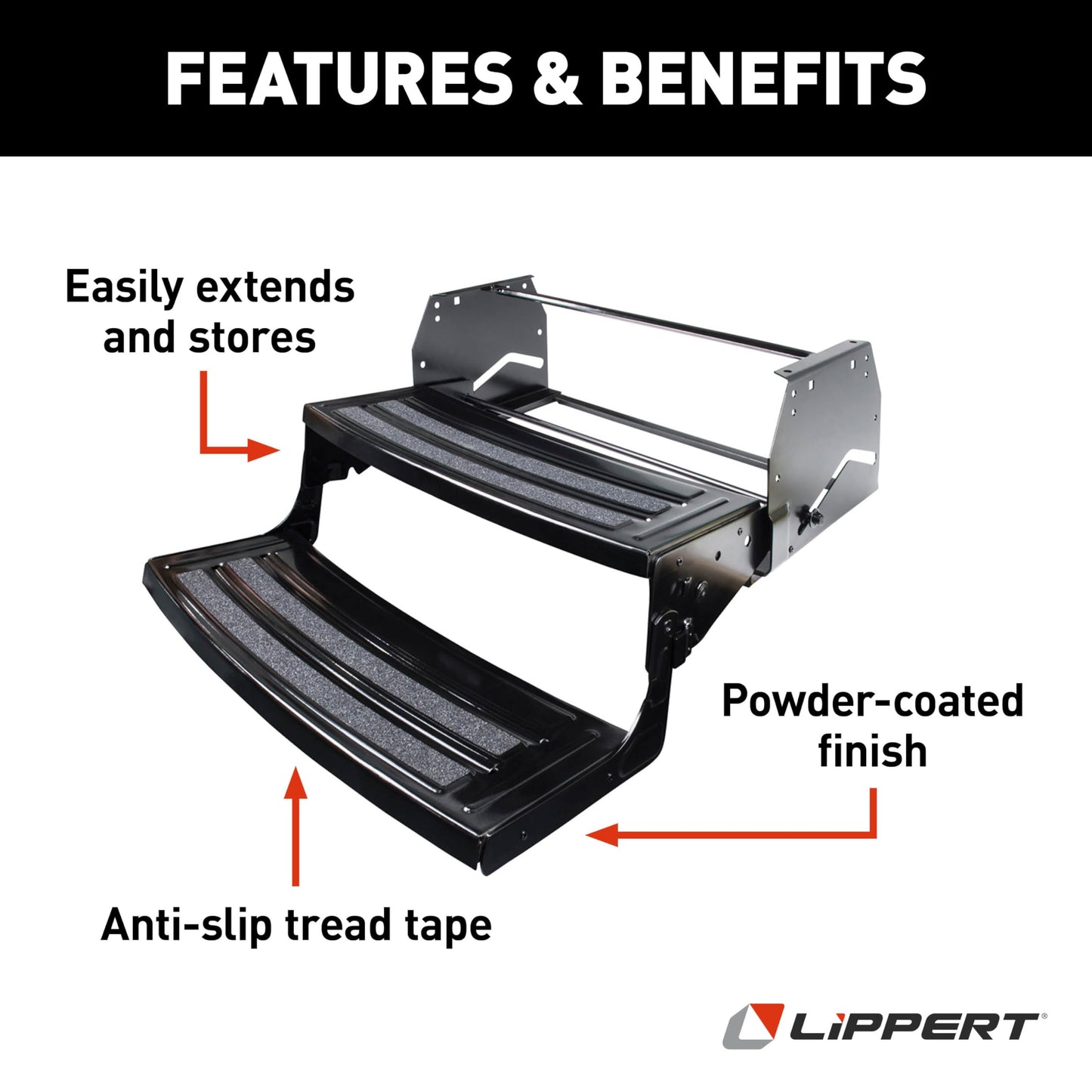 Lippert Radius 24" Double Manual RV Step Assembly, 8" Rise, 300 lbs. Anti-Slip Steps, Compact One-Hand Expand or Collapse, Black Powder Coat, Travel Trailers, 5th Wheels, Campers - 432682