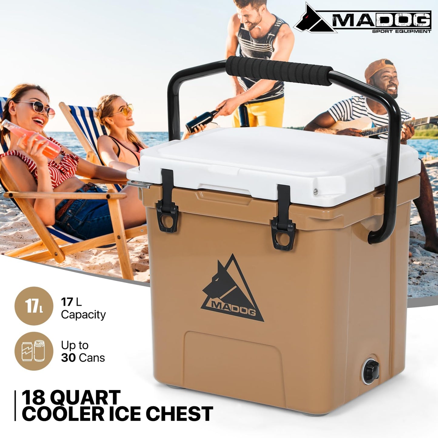 MADOG 18qt Portable Small Cooler, Lightweight Handle Hard Cooler, Leak-Proof LLDP Beach Cooler Keeps 7 Days Ice Retention, for Fishing, Camping, Boating and Traveling, White & Khaki