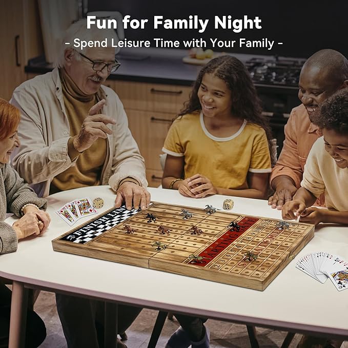 Large 23 inches Horse Racing Board Game with 11 Luxury Metal Horses Foldable Wood Horse Race Board Game with 2 Sets of Dice 2 Boxes of Cards for Parties and Gambling