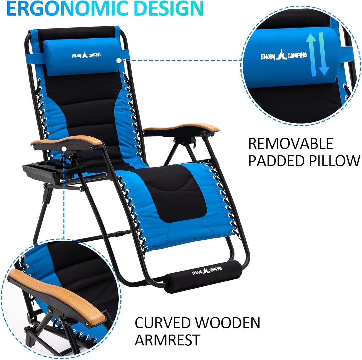 Amopatio Padded Oversized Zero Gravity Chair Set of 2 with Cup Holder, 30" Wide Folding Reclining Camping Lounge Chairs with Headrest/Footrest for Indoor and Outdoor, Support 400LBS,Blue