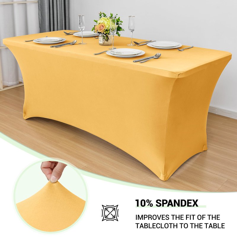 Obstal 8ft Stretch Spandex Table Cover for Standard Folding Tables - Universal Rectangular Fitted Tablecloth Protector for Wedding, Banquet, Party Gold