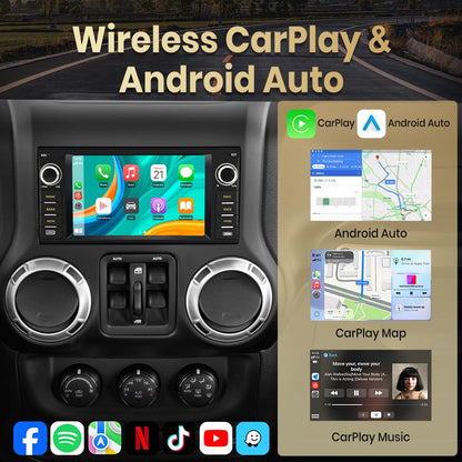 Doreon (2GB+64GB) Car Stereo for Jeep Wrangler JK 2007-2018 for Dodge Ram 1500 2009-2012, 7" Android 15 Radio with Wireless CarPlay Android Auto Button Light WiFi GPS Bluetooth FM AM SWC