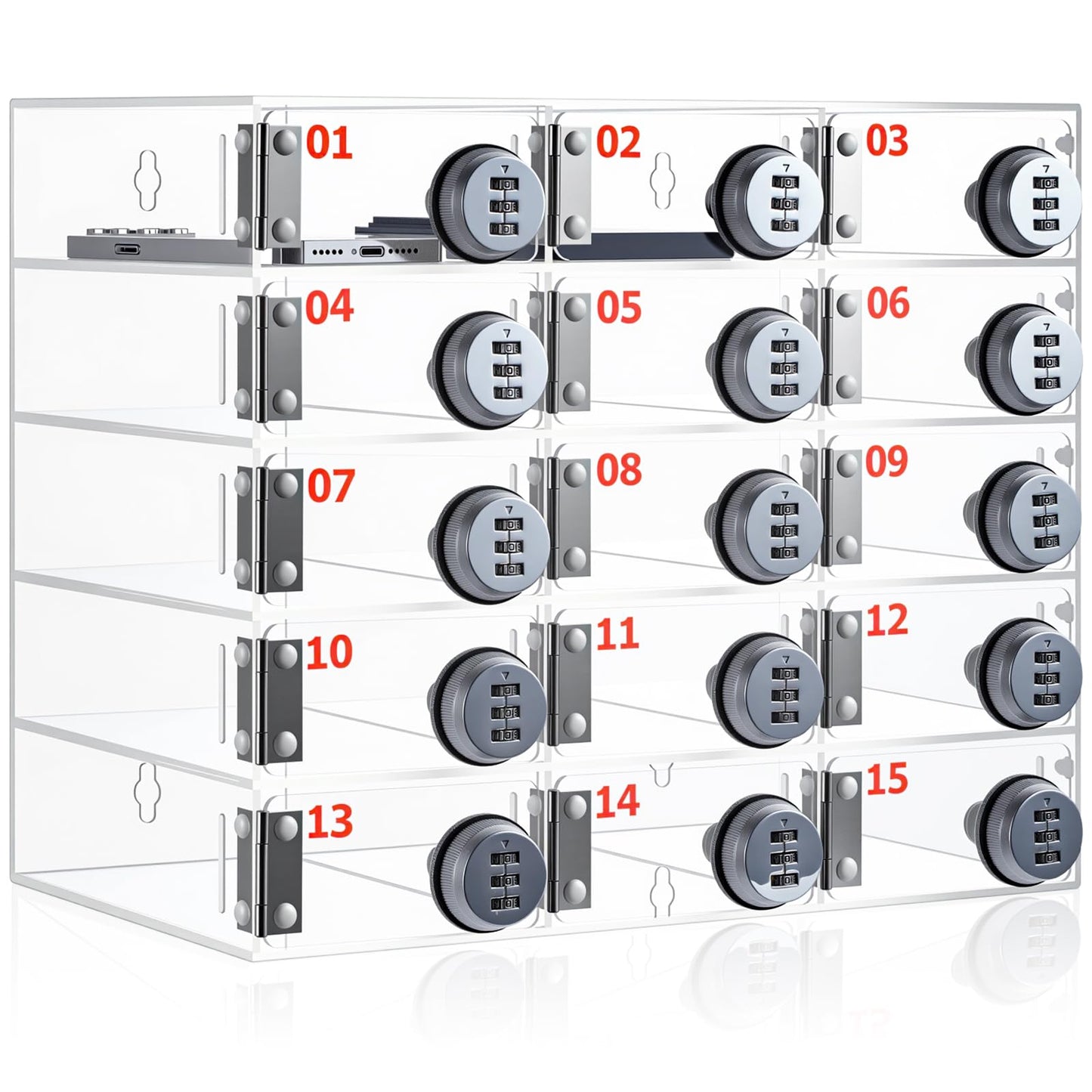 Reallnaive 15 Slots Cell Phone Locker with Combination Lock, Cell Phone Storage for Classroom, Clear Acrylic Storage Cabinet Bin, Wall Mounted for School Students Office Factory Employees