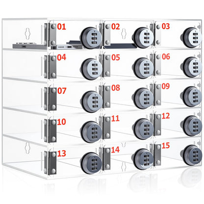 Reallnaive 15 Slots Cell Phone Locker with Combination Lock, Cell Phone Storage for Classroom, Clear Acrylic Storage Cabinet Bin, Wall Mounted for School Students Office Factory Employees