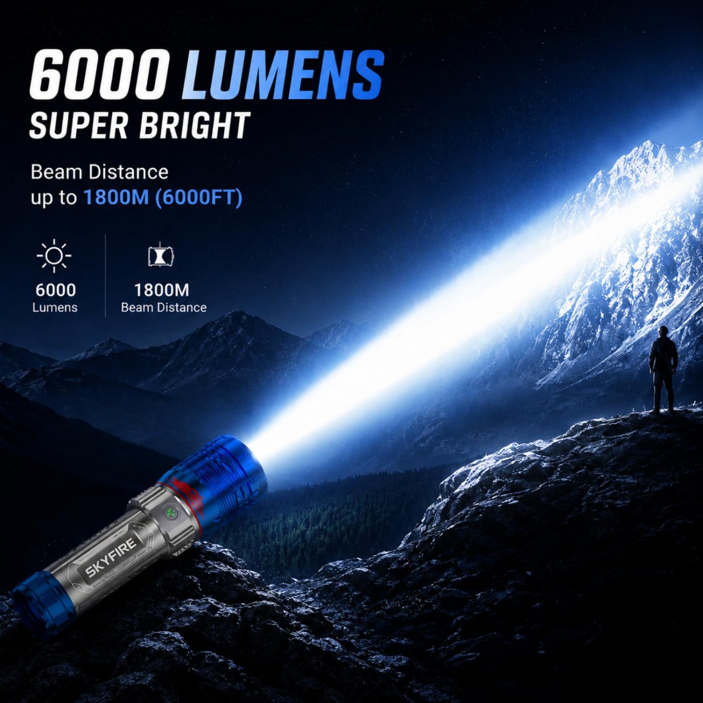 SKYFIRE 6000 Lumens Rechargeable Flashlight with Fire Starter,96 Hours Runtime, IPX6 Waterproof, Zoomable Tactical Flashlight Spotlight for Camping, Emergency, Outdoor Survival