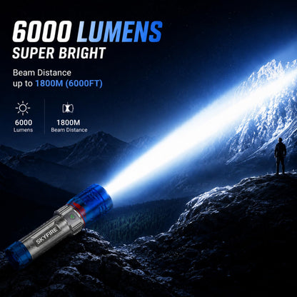 SKYFIRE 6000 Lumens Rechargeable Flashlight with Fire Starter,96 Hours Runtime, IPX6 Waterproof, Zoomable Tactical Flashlight Spotlight for Camping, Emergency, Outdoor Survival