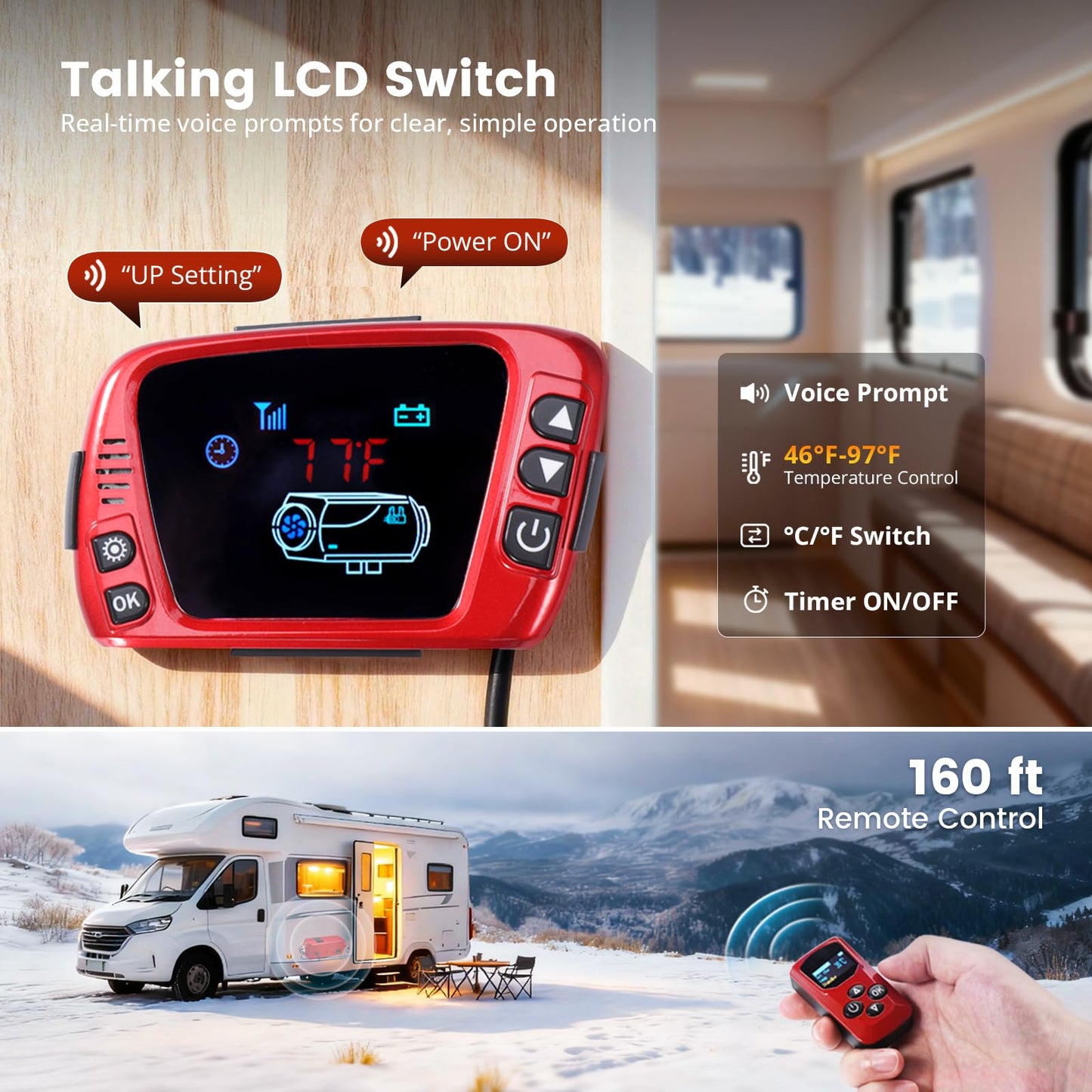 OBAKL Diesel Heater 5KW, Aluminum Housing, Diesel Air Heater 12V High Altitude, Parking Heater with Talking LCD Controller & 15L Tank for Trucks, Campers, RVs, and Boats
