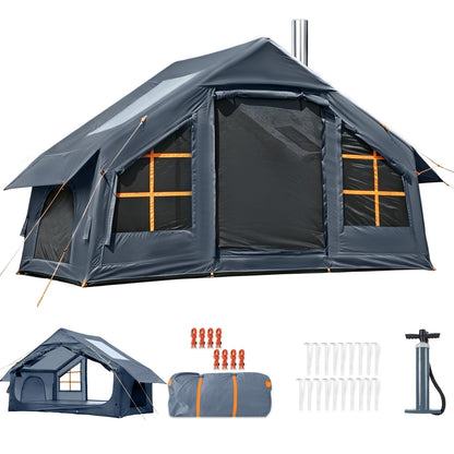 Inflatable Camping Tent with Skylight,Large Tall Blow Up Tent for 2/4/6/8 Person,4 Season Waterproof Hot Tent with Stove Jack, Family Camping Air Tent with Hand Pump,Grey