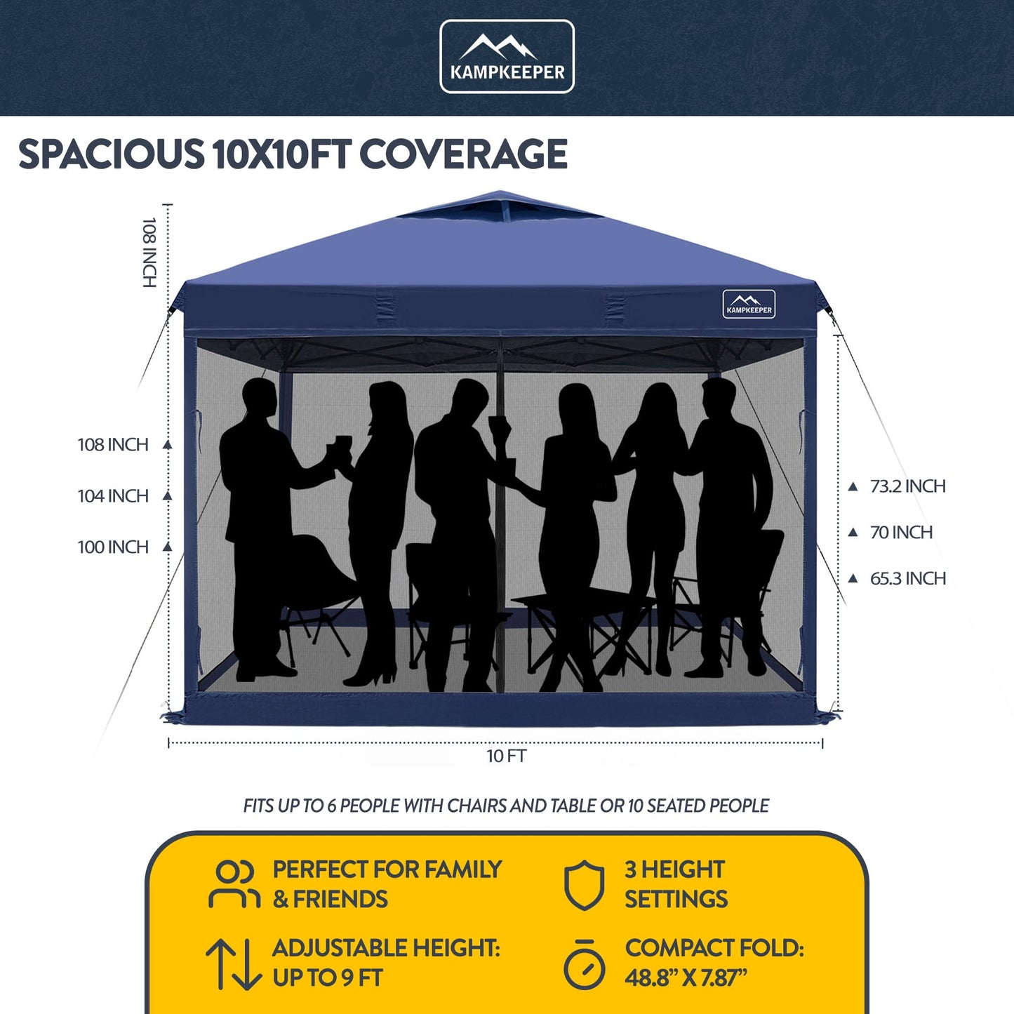 KAMPKEEPER 10x10 Pop-Up Canopy Tent, Waterproof Portable Shade with Screen Walls, Adjustable Instant Outdoor Shelter for Camping, Backyard, and Events, Navy Blue