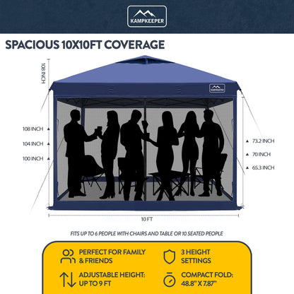 KAMPKEEPER 10x10 Pop-Up Canopy Tent, Waterproof Portable Shade with Screen Walls, Adjustable Instant Outdoor Shelter for Camping, Backyard, and Events, Navy Blue